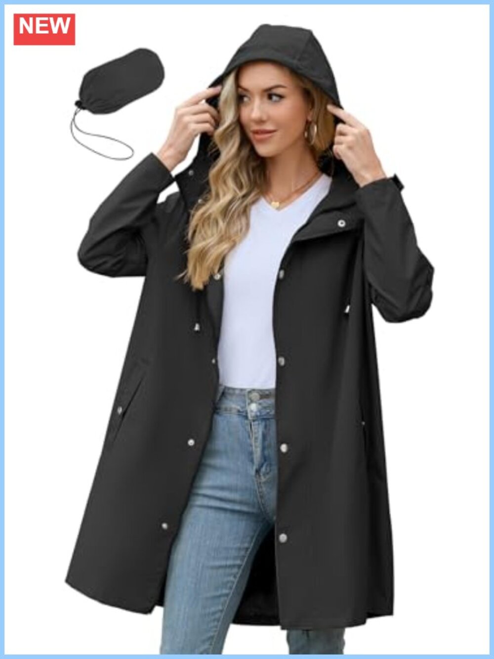 Waterproof Long Rain Jacket with Hood Packable Lightweight